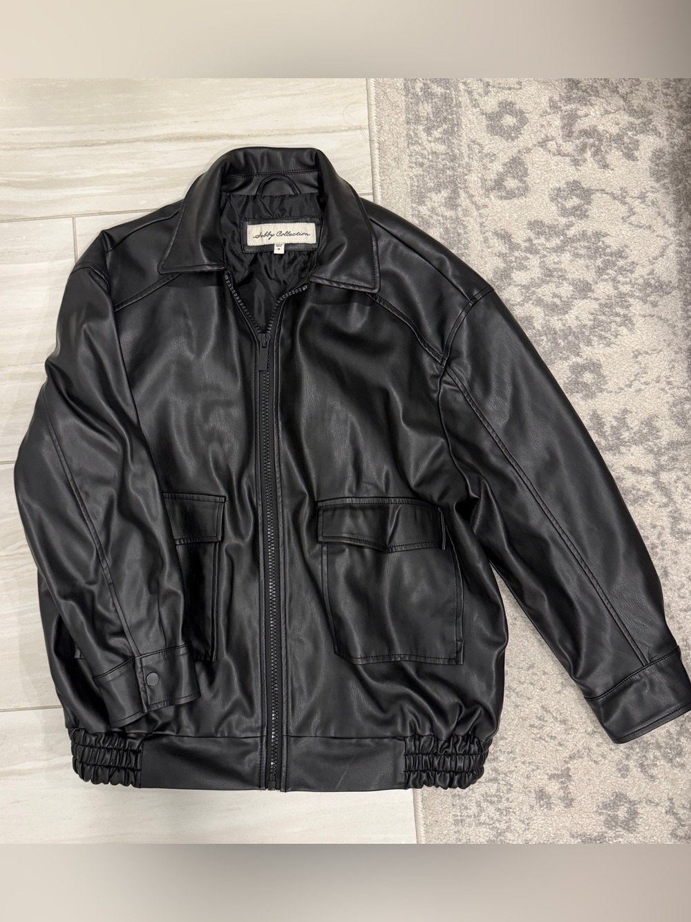 Sebby Collection Black Oversized Faux Leather Bomber Jacket